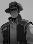  1boy absurdres breast_pocket closed_mouth collared_shirt collared_vest commentary cowboy_hat crew_neck hat highres long_sleeves looking_at_viewer male_focus oblique-lane pocket shell_casing shirt sniper_(tf2) solo sunglasses team_fortress_2 untranslatable_commentary upper_body vest wing_collar 