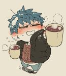  1boy black_coat blush brown_sweater chibi chibi_only closed_eyes coat commentary_request cup fate/grand_order fate_(series) full_body grey_pants highres holding holding_cup hot_chocolate kokujin_youhei male_focus mug pants saitou_hajime_(dream_portrait)_(fate) saitou_hajime_(fate) snow_on_head solo sweater 