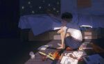  1boy aged_down aircraft airplane barefoot bed bedroom belt black_hair book box buzz_cut cardboard_box child curled_up disco_elysium highres holding holding_toy hugging_own_legs indoors jidianfan kim_kitsuragi male_focus open_book shirt shirt_tucked_in short_hair shorts solo t-shirt toy very_short_hair white_shirt window_light 
