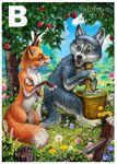  anthro apple apple_tree black_nose brown_eyes canine cloud crouching dandelion duo female fence flower food fox fruit grass green_eyes hand_on_arm inner_ear_fluff leaves male mammal mortar_and_pestle natalia_mishakova nude open_mouth outside plant pointing red_fox rose sky standing surprise wolf 