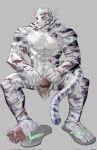  1boy abs animal_ears arknights bara claws flip-flops furry furry_male grey_background highres looking_to_the_side male_focus mountain_(arknights) multiple_scars muscular muscular_male navel nipples pawpads pectorals penis ponytail sandals scar scar_across_eye scar_on_arm scar_on_cheek scar_on_face scar_on_hand scar_on_leg scar_on_stomach see-through_male_swimwear sitting suggestive_fluid tail tiger_boy tiger_ears tiger_tail wuhure 