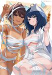  2girls :q ahoge bandages black_hair blue_eyes blue_hair breasts commentary cyicheng dark-skinned_female dark_skin food ghost_costume halloween_costume hitodama holding holding_food holding_skewer japanese_clothes kimono large_breasts long_hair make_heroine_ga_oo_sugiru! medium_breasts multiple_girls mummy_costume naked_bandage navel open_clothes open_kimono purple_eyes sarashi shiroshouzoku short_hair simple_background skewer smile tan tanlines tongue tongue_out triangular_headpiece untranslatable_commentary white_kimono yakishio_lemon yanami_anna 