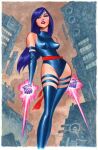  1girl artist_name blue_hair blue_leotard border bruce_timm building butterfly_cutout cityscape energy_sword halter_leotard halterneck highleg highleg_leotard highres holding holding_sword holding_weapon leotard long_hair magazine_scan marvel pinup_(style) psylocke purple_leotard sash scan scan_artifacts signature skyscraper solo superhero_costume sword third-party_source traditional_media waist_sash weapon white_border x-men 