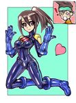  ! 1boy 1girl artist_request bodysuit boots border breasts brown_eyes brown_hair capcom cosplay elbow_gloves epaulettes eyes_visible_through_hair frame gloves hair_between_eyes heart high_ponytail hoshikawa_akane hoshikawa_subaru milf ponytail rockman rockman_exe rockman_exe_(character) rockman_exe_(cosplay) ryuusei_no_rockman shocked smile solo_focus spandex tight tight_clothes 