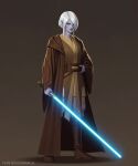  1girl 5health absurdres alien blue_lightsaber boots brown_background brown_boots brown_robe brown_tunic colored_skin copyright_name energy_sword full_body highres holding holding_sword holding_weapon lightsaber looking_at_viewer open_clothes open_robe pants purple_skin robe soikan solo star_wars star_wars:_the_high_republic sword tunic weapon white_hair white_pants zallah_macri 