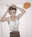  1boy armpits bags_under_eyes belt black_eyes black_hair brushing_hair comb cowboy_shot disco_elysium hand_up hands_on_own_head highres holding holding_comb jidianfan kim_kitsuragi looking_at_viewer male_focus open_fly shirt short_hair solo tank_top white_shirt 