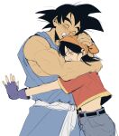  1boy 1girl bandana belt black_gloves black_hair blush dougi dragon_ball dragon_ball_gt fingerless_gloves gloves grandfather_and_granddaughter highres navel open_mouth orange_bandana pan_(dragon_ball) pants red_shirt saiyan shirt short_hair simple_background smile solo son_goku spiked_hair yajirobeswife 