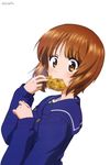  absurdres arm_up brown_eyes brown_hair coat eating food girls_und_panzer highres looking_at_viewer megami nishizumi_miho official_art ooarai_school_uniform open_mouth school_uniform sugimoto_isao taiyaki wagashi white_background winter_clothes winter_coat 