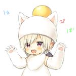  :d animal_hat arms_up bangs bat_wings black_wings blush cat_hat character_request claws cosplay eyebrows_visible_through_hair final_fantasy final_fantasy_xiv fur_collar hat lalafell midorikawa_you mini_wings moogle moogle_(cosplay) open_mouth purple_eyes short_hair silver_hair smile solo translation_request upper_teeth v-shaped_eyebrows white_background white_hat wings 