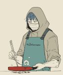  1boy apron blue_apron chopsticks clothes_writing commentary_request cooking english_text fate/grand_order fate_(series) grey_hair highres holding holding_chopsticks holding_pan kokujin_youhei long_sleeves looking_down male_focus mask mouth_mask saitou_hajime_(fate) solo stove upper_body 
