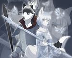  amber_eyes arctic_fox armor black_fur canine clothing duo female fox fur hair holding_object holding_weapon japanese_clothing kimono lawkie looking_at_viewer magic_user male mammal melee_weapon nioh silver_hair staff sword warrior weapon white_eyes white_fur white_hair 