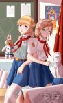  2girls belt blonde_hair blue_eyes blue_skirt classroom commentary_request communism green_eyes hammer_and_sickle highres multiple_girls neckerchief open_mouth original pioneer_neckerchief qs13280809727 red_neckerchief red_star school_uniform shirt skirt smile soviet star_(symbol) thighhighs white_thighhighs 