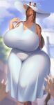  anthro anthro_focus bare_shoulders big_breasts blurred_background blush breasts brown_body brown_hair clothing cloud day dress duo female female_focus first_person_view giraffe giraffid hair hat headgear headwear hi_res huge_breasts human human_pov kemonoyou long_hair looking_at_viewer mammal outside sky sleeveless_dress standing thick_thighs white_clothing white_dress white_hat white_headwear wide_hips 