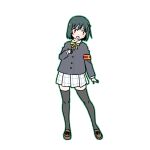  1girl alternate_legwear armband black_jacket black_thighhighs brown_shoes collared_shirt commentary_request full_body green_hair hand_on_own_chest jacket legs_apart love_live! love_live!_nijigasaki_high_school_idol_club mifune_shioriko miniskirt neck_ribbon nijigasaki_school_uniform open_mouth pleated_skirt rectangular_mouth red_armband red_eyes ribbon school_uniform shinanoya_(satanicad) shirt shoes short_hair simple_background skirt solo standing thighhighs white_background white_shirt white_skirt yellow_ribbon zettai_ryouiki 