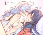  2girls ahoge blue_eyes blunt_bangs blush braid breast_press chiyori08 couple english_commentary eye_contact from_side girl_on_top hair_between_eyes heart_ahoge_duo honkai_(series) honkai_impact_3rd imminent_kiss implied_kiss implied_sex jacket kiana_kaslana leaning_forward lipstick_mark long_braid long_sleeves looking_at_another looking_down looking_up lying multiple_girls navel nude on_back open_clothes open_jacket purple_eyes purple_hair raiden_mei red_lips saliva saliva_trail sex shade single_braid sleeveless stomach tongue tongue_out twitter_username underwear white_hair yuri 