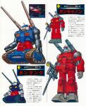  1970s_(style) 1980s_(style) anime_screenshot_inset arm_cannon battle beam_rifle blue_visor caterpillar_tracks character_name colored_lineart dual_arm_cannons earth_federation energy_gun firing guncannon gundam guntank highres key_visual magazine_scan mecha mecha_focus mobile_suit mobile_suit_gundam multiple_persona multiple_views no_humans official_art ookawara_kunio painting_(medium) promotional_art retro_artstyle robot scan scene_reference science_fiction screenshot_inset shoulder_cannon traditional_media translation_request weapon 