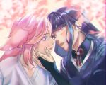  2girls alternate_costume animal_ear_piercing animal_ears blunt_bangs blurry blush bridal_gauntlets cherry_blossoms collarbone couple day depth_of_field english_commentary fox_ears fox_girl from_side genshin_impact hair_between_eyes hand_on_another's_cheek hand_on_another's_face head_tilt incoming_kiss japanese_clothes kimono leaning_forward looking_at_another miko multiple_girls noses_touching open_mouth outdoors parted_lips pink_hair purple_eyes purple_hair purple_kimono raiden_shogun tadpoleboba upper_body yae_miko yuri 