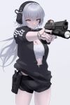  1girl absurdres aiming black_jacket black_shorts breasts chain cleavage commentary_request cowboy_shot crop_top crossed_bangs ear_protection floating_hair grey_background grey_eyes grey_hair grey_nails grin gun hair_between_eyes handgun highres holding holding_gun holding_weapon holster jacket jewelry large_breasts long_hair looking_ahead multiple_rings nail_polish original outstretched_arms partially_unzipped raised_eyebrow ring shirt short_shorts shorts simple_background sleeves_pushed_up smile solo standing sthk track_jacket triple_vertical_stripe uneven_eyes very_long_hair weapon weapon_request white_shirt 