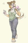  &lt;3 2012 anthro barefoot blue_eyes brown_fur brown_hair canine chewycuticle claws clothed clothing dessert dog ear_piercing female food fur hair hat ice_cream mammal messy pawpads peace_symbol piercing pink_pawpads solo 
