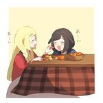  :d ^_^ ^o^ alternate_costume basket black_hair blonde_hair blush braid closed_eyes feeding food from_side fruit happi highres holding holding_food japanese_clothes kotatsu lillie_(pokemon) long_hair long_sleeves mandarin_orange mizuki_(pokemon) multiple_girls no_hat no_headwear open_mouth orange pokemon pokemon_(game) pokemon_sm profile short_hair simple_background sitting smile table translation_request twin_braids two-tone_background unapoppo under_kotatsu under_table upper_body yellow_background 