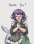  ^_^ blue_hair blush breasts closed_eyes commentary crying curvy drill_hair facing_viewer happy_tears head_fins japanese_clothes kimono large_breasts mermaid monster_girl obi orz_(kagewaka) sash solo tears thank_you touhou triangle_mouth wakasagihime 