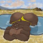 2026 anthro big_butt big_muscles big_pecs body_hair butt chest_hair clothed clothing common_hippopotamus crossed_arms digital_drawing_(artwork) digital_media_(artwork) dreamworks english_description eyebrows hi_res hippopotamid madagascar_(series) male mammal mezmerordinary moto_moto muscular muscular_anthro muscular_arms muscular_male partially_submerged pecs small_ears small_tail smile solo tail thong thong_only topless underwear underwear_only unibrow yellow_clothing yellow_thong yellow_underwear