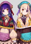  apron bangs black_gloves blonde_hair blunt_bangs blush brown_eyes buttons cowboy_shot dress eyebrows_visible_through_hair gloves grey_background hair_ribbon head_scarf head_tilt heterochromia holding_hands long_sleeves looking_at_viewer mika_pikazo multicolored_hair multiple_girls neck_ribbon original purple_eyes purple_hair ribbon side-by-side simple_background symmetrical_pose tareme white_gloves 