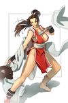  bangs black_gloves blush boots breasts brown_eyes brown_hair closed_mouth fan fatal_fury fighting_stance fingerless_gloves folding_fan gloves highres holding holding_fan japanese_clothes large_breasts no_panties obi pelvic_curtain ponytail sash shiranui_mai sketch smile snk solo standing the_king_of_fighters tim_loechner weapon 