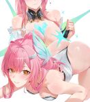  1girl absurdres aemeath_(wuthering_waves) ahoge ass bare_shoulders blush breasts censored closed_mouth commentary fingernails hair_ornament highres large_breasts leotard long_hair looking_at_viewer multiple_views orange_eyes parted_lips pink_hair pink_nails sidelocks simple_background smile star-shaped_pupils star_(symbol) symbol-shaped_pupils tacet_mark_(wuthering_waves) white_background white_leotard wuthering_waves yonesdraws 