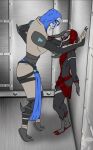 2_toes 3_fingers against_surface against_wall alien bioware blue_eyes blush bottomwear clothing colored digitigrade dominant dominant_female duo electronic_arts face_covered faceless_character faceless_male facial_markings feet female fingers glowing glowing_eyes hand_against_wall hand_on_head hand_on_hip head_markings hi_res hood humanoid larger_female loincloth male male/female markings mass_effect plantigrade quarian scouter size_difference skinsuit smaller_male spurs_(anatomy) standing submissive submissive_male tight_clothing toes turian turianwaifu