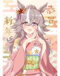  1girl absurdres animal_ears blue_eyes blush bow braid braided_bun commentary_request ear_bow floral_print floral_print_kimono grey_hair hair_between_eyes hair_bun highres horse_ears horse_girl japanese_clothes kimono long_hair long_sleeves looking_at_viewer multicolored_hair obi open_mouth pink_kimono print_kimono revision sash smile solo streaked_hair szykkz umamusume wide_sleeves wonder_acute_(umamusume) 