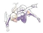  ass bangs blonde_hair bodysuit clenched_teeth commentary falling full_body gloves holding holding_weapon lips ninja original parted_lips pink_lips ponytail purple_legwear red_eyes reverse_grip simple_background sketch solo teeth thighhighs tim_loechner weapon white_background 