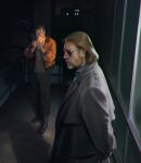  2boys arms_behind_back backlighting balcony black_coat black_hair bomber_jacket brown_hair buzz_cut cigarette coat disco_elysium facial_hair fire full_body glowing grey_shirt hands_up harry_du_bois holding holding_cigarette horrific_necktie jacket kamila_shirinova kim_kitsuragi male_focus multiple_boys mutton_chops night orange_jacket outdoors round_eyewear shirt short_hair smoking standing sunglasses very_short_hair 