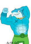  abs anthro barazoku begyoshiart black_eyes blue_body bracelet clothing collar fish green_clothing heroes_of_goo_jit_zu hi_res jewelry male marine pecs shark shark_teeth solo thrash_(heroes_of_goo_jit_zu) 
