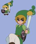  :/ belt belt_buckle billy_(grim_adventures) blonde_hair blue_background brown_eyes brown_footwear buckle captain_kirb carrying commentary cosplay eyebrows_visible_through_hair ezlo green_hat green_shirt grim_(grim_adventures) hat holding holding_shield holding_weapon left-handed link link_(cosplay) long_sleeves looking_at_another looking_up mandy pantyhose poking scythe shield shirt short_hair simple_background sitting smile star sword teeth the_grim_adventures_of_billy_&amp;_mandy the_legend_of_zelda the_legend_of_zelda:_the_minish_cap tunic weapon 