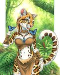  2017 anthro arthropod blue_morpho bra brown_bottomwear brown_bra brown_clothing brown_fur brown_tail brown_topwear brown_underwear butterfly clothed clothing collar detailed_background feline female front_view fur half-length_portrait inner_ear_fluff insect jungle kacey loincloth looking_at_viewer mammal midriff multicolored_fur multicolored_tail navel ocelot open_mouth outside pendant pink_nose portrait signature smile solo standing traditional_media_(artwork) tree tribal underwear watermark white_fur white_tail yellow_eyes yellow_fur 