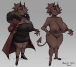 2026 2_horns 5_fingers accessory areola black_clothing black_dress black_eyeshadow black_horn breasts brown_areola brown_body brown_hair brown_nipples cleavage clothed clothing coat demon demon_humanoid digital_drawing_(artwork) digital_media_(artwork) dress ear_piercing eyeshadow female female_humanoid fingers footwear full-length_portrait furgonomics hair hair_over_eye hand_on_hip head_horn hi_res horn horned_humanoid humanoid jewelry makeup marxi_(rekkadraws) model_sheet mouth_closed nipples nude nude_female nude_humanoid piercing portrait pupils rekkadraws ring shoes simple_background slightly_chubby slightly_chubby_female slightly_chubby_humanoid smile solo spade_tail tail tail_accessory tail_jewelry tail_ring tailed_humanoid text thick_thighs topwear white_pupils