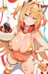  1girl absurdres animal_ear_fluff animal_ears antenna_hair artist_request balloon bandaid bandaid_on_leg bandana bandana_around_neck bikini birthday black_gloves blunt_bangs blurry blurry_foreground blush bracelet braid breasts cake cat_ears cleavage collarbone commentary depth_of_field ebiko_(vtuber) english_commentary food fruit gloves gradient_hair groin hair_intakes hair_ornament hairclip heart heart-shaped_bandaid heart_hair_ornament highres indie_virtual_youtuber jewelry large_breasts long_hair looking_at_viewer middle_finger multicolored_hair name_tag_hair_ornament navel orange_bikini orange_eyes orange_hair orange_thighhighs paw_print pubic_tattoo razor_blade_hair_ornament red_bandana red_hair second-party_source simple_background single_thighhigh skull_and_crossbones smirk solo standing star_(symbol) star_sticker sticker strawberry streaked_hair streamers string_bikini striped_bikini striped_clothes striped_ears striped_thighhighs sunglasses swimsuit tattoo thigh_strap thighhighs two_side_up very_long_hair whipped_cream white_background white_thighhighs 