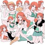  1girl arabian_clothes armlet bangle beads bikini bikini_top_only black_dress blue_pants blush bottomless bracelet breasts camisole cleavage clima-tact closed_mouth commentary_request crop_top cross-laced_clothes cross-laced_dress denim dress earrings green_bikini green_camisole hair_beads hair_ornament happy_tears harem_outfit hat high_heels high_ponytail holding holding_staff jeans jewelry knees_up large_breasts log_pose long_hair low_twintails midriff mike_(tomatomato244) miniskirt multiple_views nami_(one_piece) official_alternate_costume official_alternate_hairstyle one_eye_closed one_piece one_piece:_strong_world one_piece_film:_gold open_mouth orange_eyes orange_hair pants pearl_earrings pleated_skirt ponytail sandals shirt short_hair short_sleeves shoulder_tattoo side-tie_dress sitting skirt staff straw_hat swimsuit tattoo tears tongue tongue_out twintails wavy_hair white_dress white_shirt wing_collar yellow_bikini yellow_shirt 