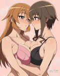  2girls :o absurdres black_bra black_eyes blue_eyes blush bra breast_press breasts brown_hair charlotte_e._yeager collarbone commentary_request grabbing_another's_breast groping highres large_breasts long_hair looking_at_another multiple_girls orange_hair pink_bra short_hair simple_background standing strike_witches symmetrical_docking takei_junko twitter_username underwear unkai_daraku upper_body world_witches_series yuri 