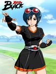  alternate_costume belt blue_hair breasts brown_eyes eyewear_on_head fingerless_gloves glasses gloves highres kamen_rider kamen_rider_black kamen_rider_black_(series) legs mahha_warabi may_lee outstretched_hand pose short_hair skirt the_king_of_fighters thighs 