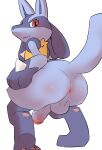 2021 3_fingers 3_toes anthro anus backsack balls biped blue_balls blue_body blue_fur blue_penis blue_tail blush blush_lines body_blush butt butt_blush canid canine chest_spike crouching digital_drawing_(artwork) digital_media_(artwork) erection facial_markings feet fingers foreskin fur generation_4_pokemon genitals glans glistening glistening_butt glistening_eyes gloves_(marking) grey_inner_ear grey_markings hand_on_leg hand_on_own_leg hand_on_own_thigh hand_on_thigh hand_spike head_markings hi_res humanoid_genitalia humanoid_penis looking_at_viewer looking_back looking_back_at_viewer looking_down looking_down_at_viewer lucario male male_anthro mammal markings mouth_closed multicolored_body multicolored_fur neck_tuft nintendo nude nude_anthro nude_male partially_retracted_foreskin pawpads penis pink_anus pink_glans pink_pawpads pointy_ears pokemon pokemon_(species) presenting presenting_hindquarters prick_ears pu_sukebe raised_tail rear_view red_eyes simple_background smile smiling_at_viewer solo spikes spikes_(anatomy) tail toes tuft white_background yellow_body yellow_fur