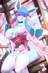  1girl animal_ears black_choker blue_fur blue_hair breasts choker cleavage commentary english_commentary food fox_ears fox_girl fox_tail furry furry_female glaceon highres holding holding_food holding_popsicle japanese_clothes kimono large_breasts looking_at_viewer pink_eyes pink_kimono pokemon pokemon_(creature) popsicle smile solo tail teranen thighhighs white_thighhighs 