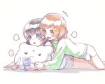  +++ ... 2girls :d :o aijou_karen animal-shaped_pillow arm_rest bare_shoulders black_hair blank_speech_bubble blue_eyes blue_shirt brown_hair clenched_hand commentary_request double-parted_bangs feet_out_of_frame front-to-back green_shirt grey_shorts hands_up head_rest highres hirake_goma holding holding_phone index_finger_raised invisible_floor kagura_hikari long_sleeves looking_at_object looking_down lying lying_on_person mr._white_(revue_starlight) multiple_girls on_stomach one_side_up parted_bangs phone red_eyes sentient_stuffed_toy shadow shirt short_hair shorts shoujo_kageki_revue_starlight side_slit side_slit_shorts simple_background sleeveless sleeveless_shirt smile sparkle_hair_ornament speech_bubble spoken_ellipsis stuffed_animal stuffed_toy teddy_bear white_background white_shorts 