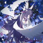  1girl absurdres black_hair blue_flower closed_eyes closed_mouth columbina_(genshin_impact) commentary_request efanziyu eye_mask flower genshin_impact hair_ribbon head_wings highres latin_commentary long_hair mask multicolored_hair multiple_wings purple_hair purple_streaks ribbon solo streaked_hair very_long_hair white_ribbon white_wings wings 