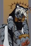 absurd_res anthro bdsm black_clothing black_sclera black_stripes blood blood_on_face blood_on_hand bodily_fluids bondage bound breasts chain chained claws clothed clothing collar cuff_(restraint) digital_media_(artwork) fangs felid female female_anthro fingers fur gold_(metal) grey_body grey_fur hair halo hands_tied hi_res looking_at_viewer makeup mammal markings mascara metal_cuffs milajanh monotone_hair nun pantherine portrait red_eyes religious_clothing restraints shackles simple_background solo striped_body striped_fur stripes submissive tail tears teeth text tiger white_clothing white_hair