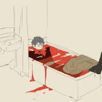  1boy bags_under_eyes bathtub blood commentary_request curtains fate/grand_order fate_(series) grey_pants highres in_bathtub kokujin_youhei looking_ahead male_focus pants partially_colored saitou_hajime_(fate) short_hair sitting solo white_background 