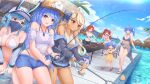  absurdres azur_lane bare_shoulders baseball_cap blonde_hair blue_hair blue_sky boise_(azur_lane) bow breasts brooklyn_(azur_lane) bucket cloud cooking fishing_rod food grilling hair_bow happy hat helena_(azur_lane) highres holding holding_bucket honolulu_(azur_lane) jacket jewelry kyl490 large_breasts lena_(azur_lane) long_hair mask mouth_mask multiple_girls necklace open_clothes open_jacket open_mouth phoenix_(azur_lane) purple_eyes red_eyes red_hair short_hair short_shorts shorts sky smile st._louis_(azur_lane) straight_hair swimsuit twintails very_long_hair water yellow_eyes 