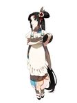  apron black_hair blue_eyes fate/grand_order fate_(series) full_body highres japanese_clothes kimono long_hair parted_lips sandals shimomoto side_ponytail simple_background solo standing tray ushiwakamaru_(fate/grand_order) very_long_hair wa_maid white_background white_legwear 