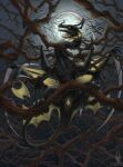 4_toes absurd_res anus belly black_body black_claws blade blade_arm blade_tail bottom_view branch claws detailed_background dragon facial_horn fangs feet female female_feral feral fin firael forest forest_background genitals hi_res horn looking_at_viewer membrane_(anatomy) membranous_wings moon mythological_creature mythological_scalie mythology nature nature_background night nose_horn plant red_anus scalie smooth_skin solo tail tail_anus teeth toes tree unusual_anatomy unusual_genitalia unusual_vulva vulva winged_dragon wings yellow_eyes yellow_insides yellow_vulva